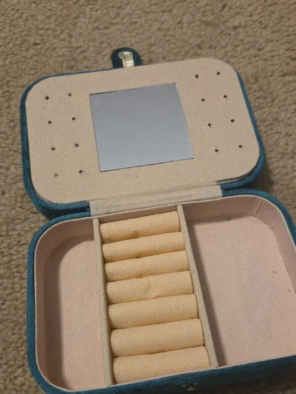 Teal Compact Jewelry Box with Ring Roll and Mirror